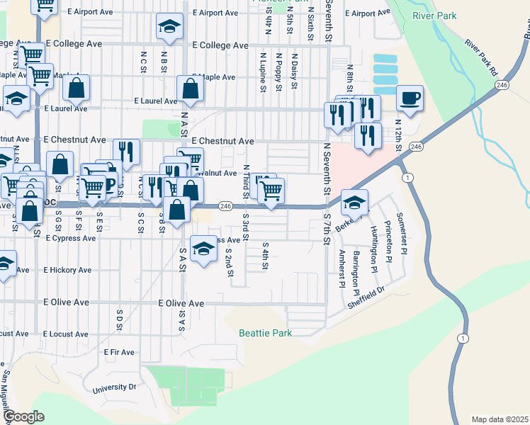 map of restaurants, bars, coffee shops, grocery stores, and more near 1120 Peach Avenue in Lompoc