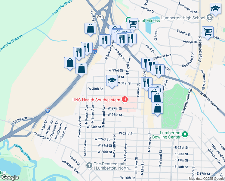 map of restaurants, bars, coffee shops, grocery stores, and more near 400 West 29th Street in Lumberton
