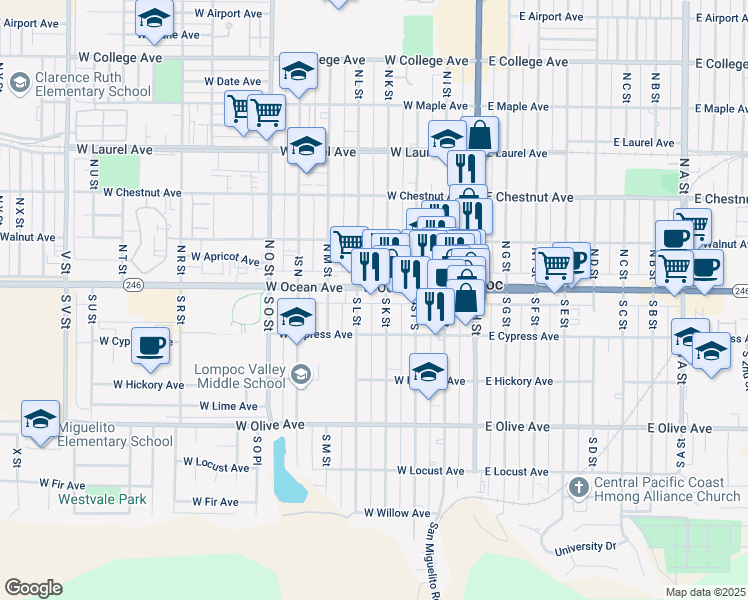 map of restaurants, bars, coffee shops, grocery stores, and more near 125 South K Street in Lompoc
