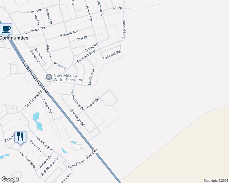 map of restaurants, bars, coffee shops, grocery stores, and more near 1030 Guapo Road in Belen