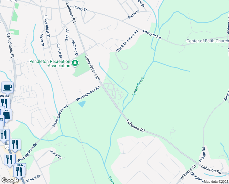 map of restaurants, bars, coffee shops, grocery stores, and more near 110 East Green Street in Pendleton