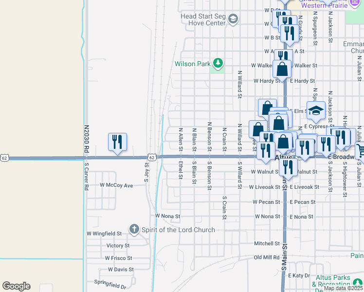 map of restaurants, bars, coffee shops, grocery stores, and more near 809 West Broadway Street in Altus