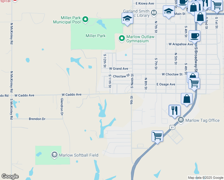 map of restaurants, bars, coffee shops, grocery stores, and more near 1001 West Caddo Avenue in Marlow