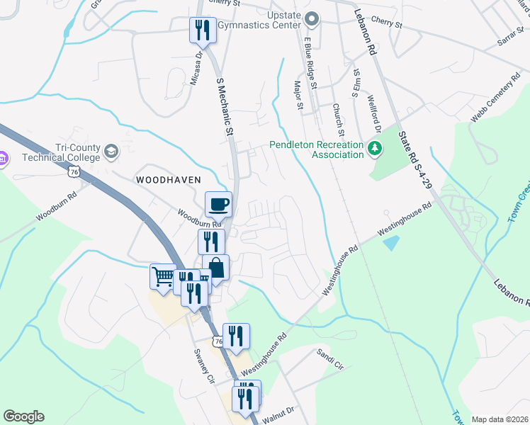 map of restaurants, bars, coffee shops, grocery stores, and more near 1 Tin Roof Court in Pendleton