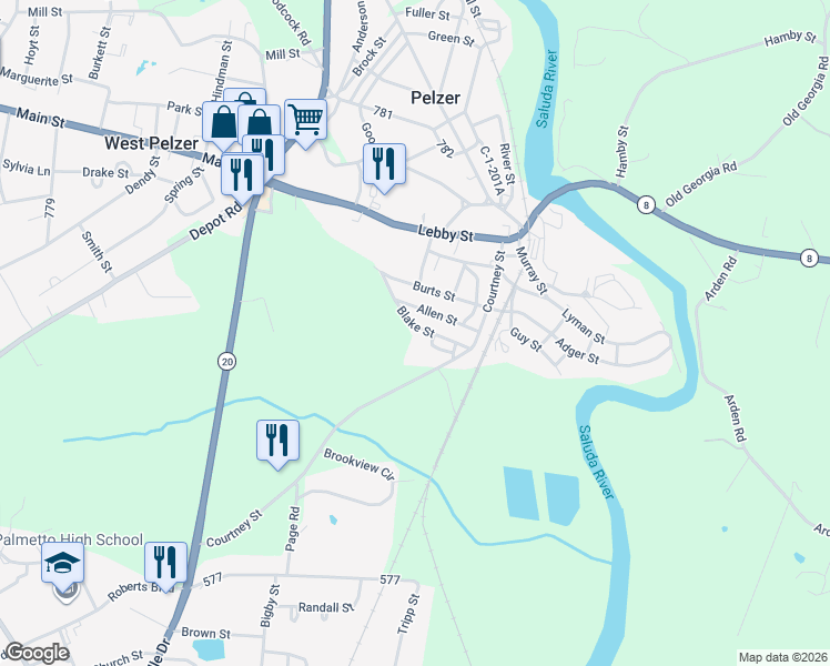map of restaurants, bars, coffee shops, grocery stores, and more near 13 Allen Street in Pelzer