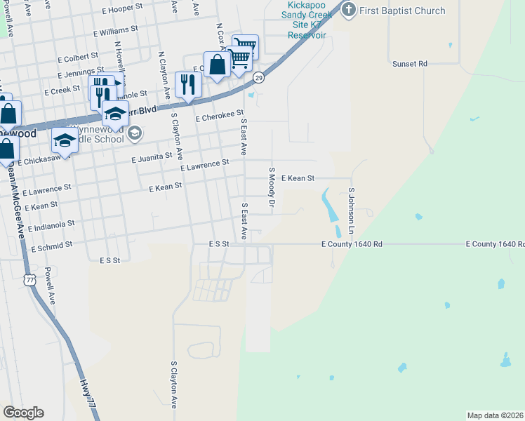 map of restaurants, bars, coffee shops, grocery stores, and more near 1205 East Indianola Street in Wynnewood