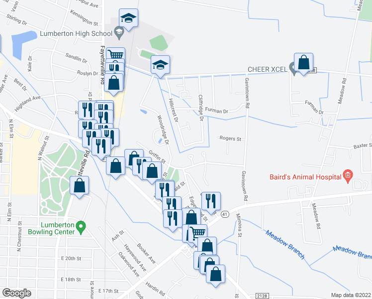 map of restaurants, bars, coffee shops, grocery stores, and more near 600 Pinecrest Drive in Lumberton