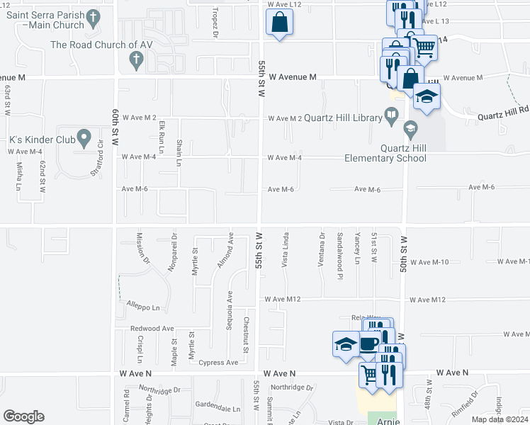 map of restaurants, bars, coffee shops, grocery stores, and more near 41620 55th Street West in Lancaster