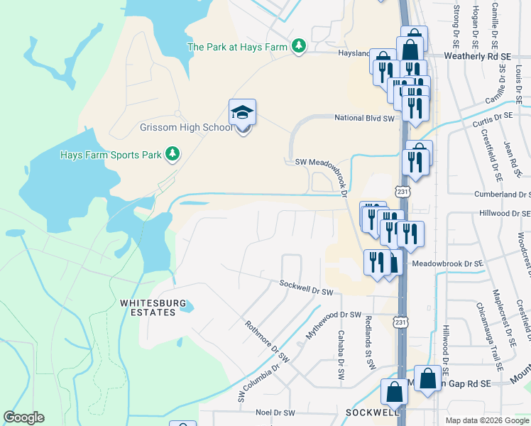 map of restaurants, bars, coffee shops, grocery stores, and more near 2003 Southwest Danbury Circle in Huntsville