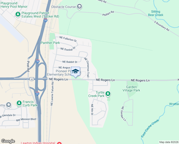 map of restaurants, bars, coffee shops, grocery stores, and more near 515 Northeast Angus Street in Lawton