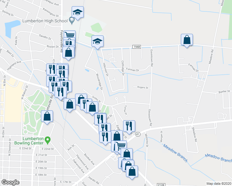map of restaurants, bars, coffee shops, grocery stores, and more near 1002 Pinecrest Drive in Lumberton