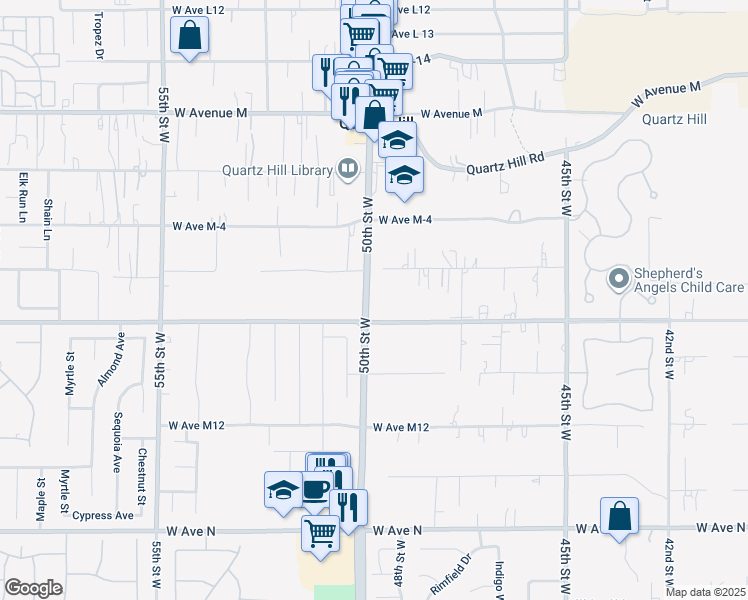 map of restaurants, bars, coffee shops, grocery stores, and more near 41626 50th Street West in Lancaster