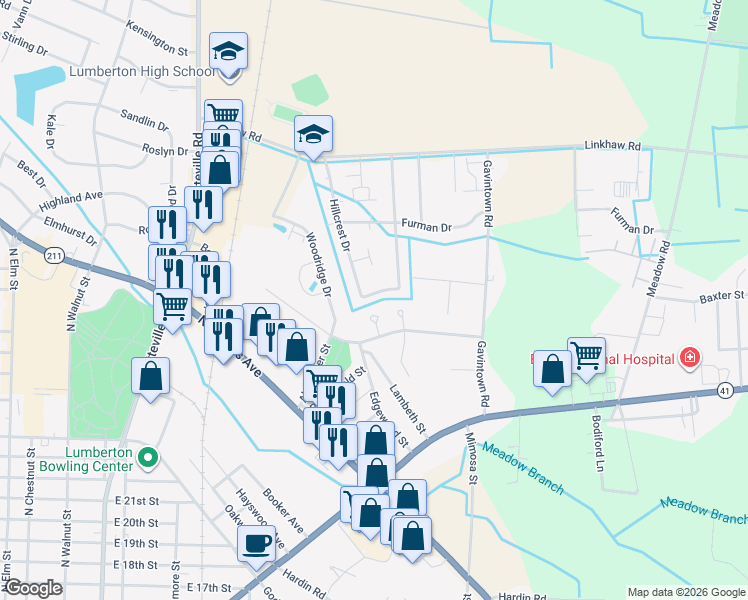 map of restaurants, bars, coffee shops, grocery stores, and more near 3506 Hillcrest Drive in Lumberton