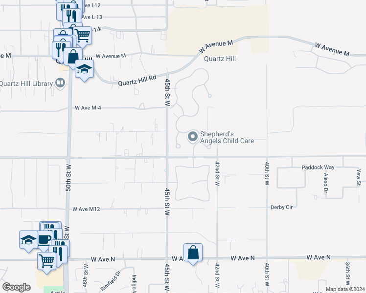 map of restaurants, bars, coffee shops, grocery stores, and more near 41626 Palermo Court in Lancaster