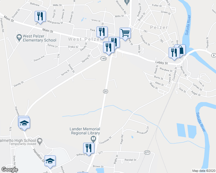 map of restaurants, bars, coffee shops, grocery stores, and more near 205 Highway 20 in Pelzer