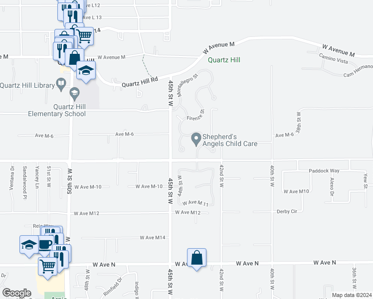 map of restaurants, bars, coffee shops, grocery stores, and more near 41626 Palermo Court in Lancaster