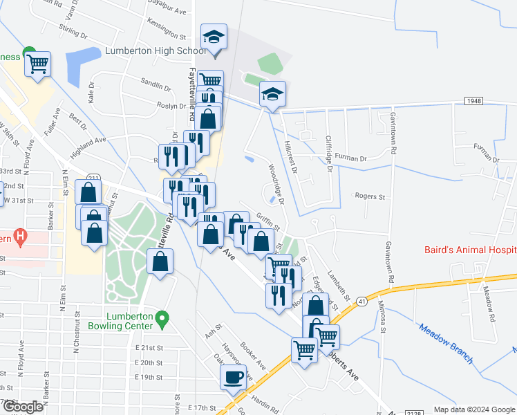 map of restaurants, bars, coffee shops, grocery stores, and more near 2165 Griffin Street in Lumberton