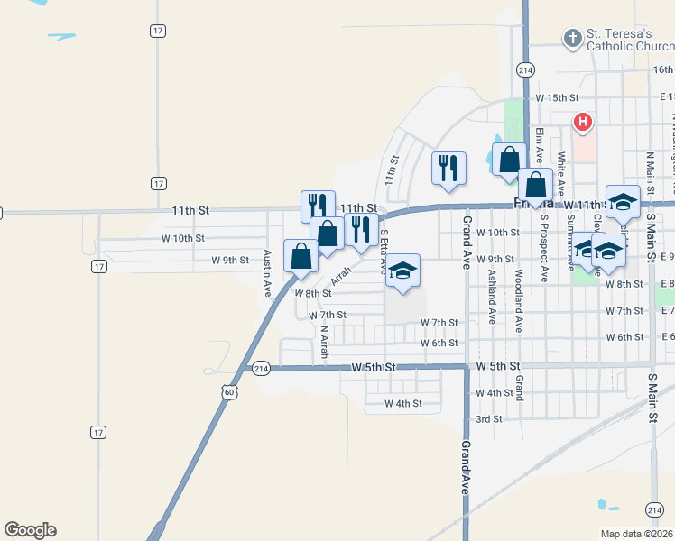 map of restaurants, bars, coffee shops, grocery stores, and more near 839 Arrah in Friona