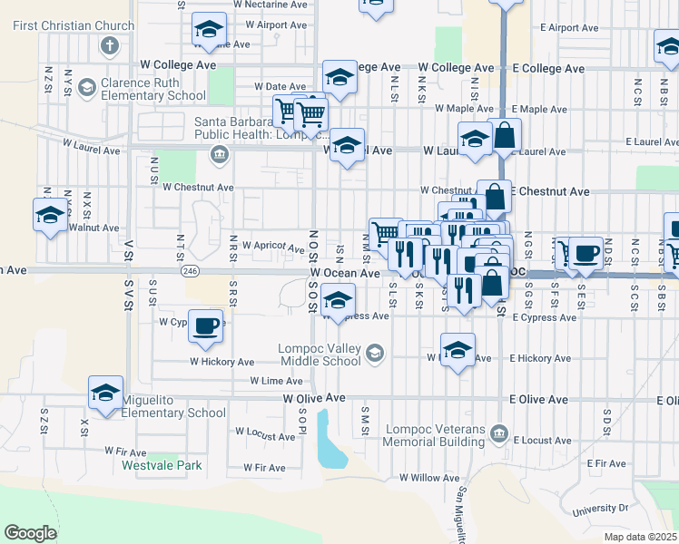 map of restaurants, bars, coffee shops, grocery stores, and more near 31 North N Street in Lompoc