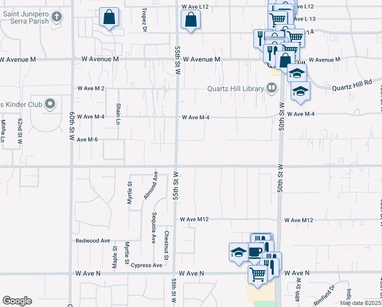 map of restaurants, bars, coffee shops, grocery stores, and more near 5329 West Avenue M8 in Lancaster
