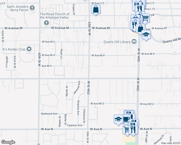 map of restaurants, bars, coffee shops, grocery stores, and more near 41626 55th Street West in Quartz Hill