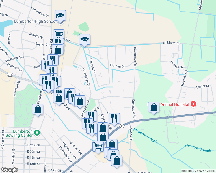 map of restaurants, bars, coffee shops, grocery stores, and more near 1028 Pinecrest Drive in Lumberton