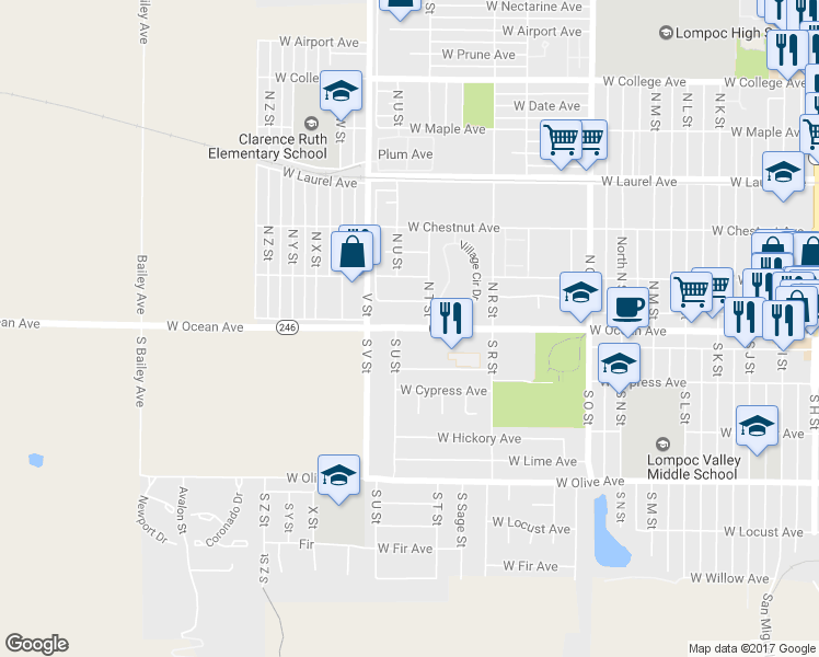 map of restaurants, bars, coffee shops, grocery stores, and more near 1320 West Ocean Avenue in Lompoc