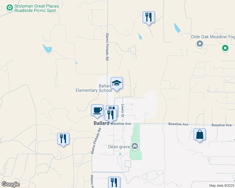map of restaurants, bars, coffee shops, grocery stores, and more near 2425 School Street in Solvang