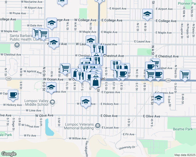 map of restaurants, bars, coffee shops, grocery stores, and more near in Lompoc