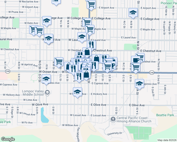 map of restaurants, bars, coffee shops, grocery stores, and more near 1429 Glen Ellen Lane in Lompoc