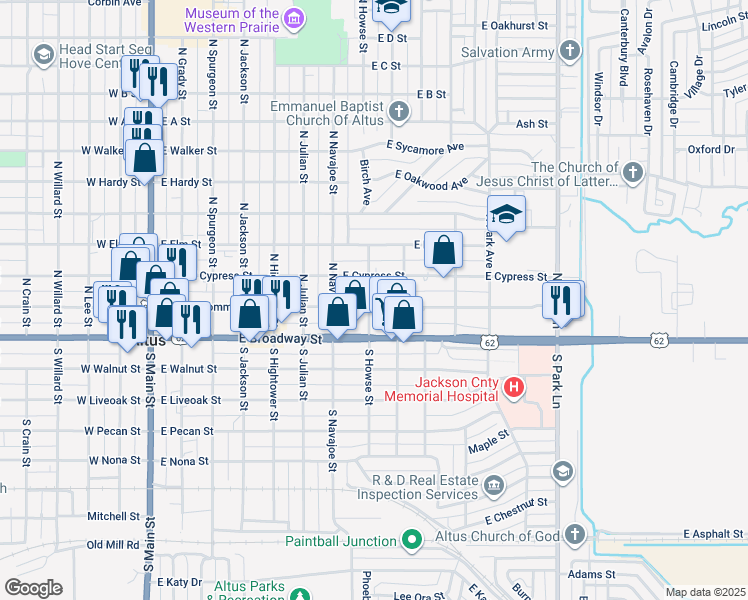 map of restaurants, bars, coffee shops, grocery stores, and more near 801 East Commerce Street in Altus