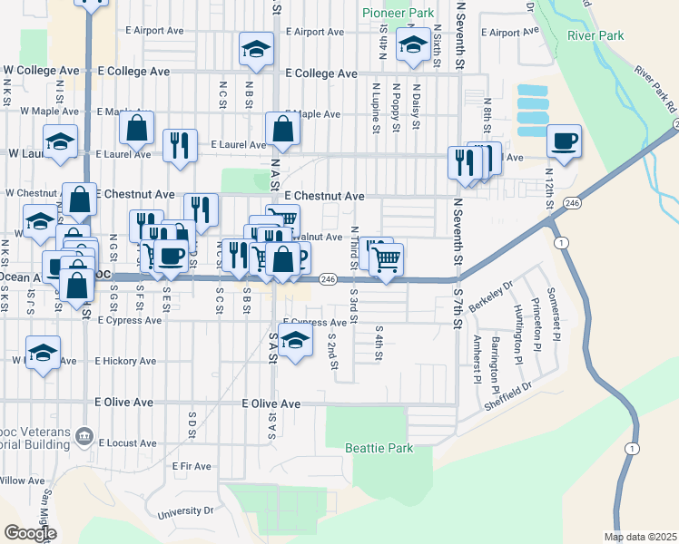map of restaurants, bars, coffee shops, grocery stores, and more near 111 North Third Street in Lompoc
