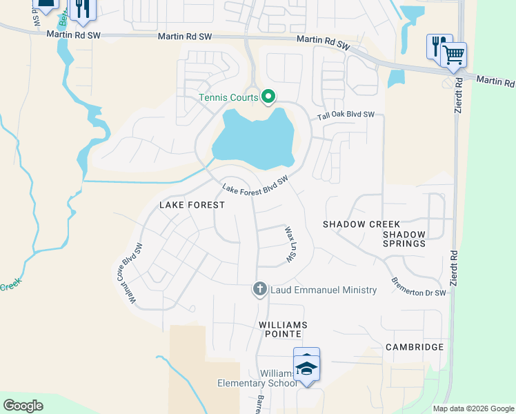 map of restaurants, bars, coffee shops, grocery stores, and more near 40 Lake Forest Boulevard Southwest in Huntsville