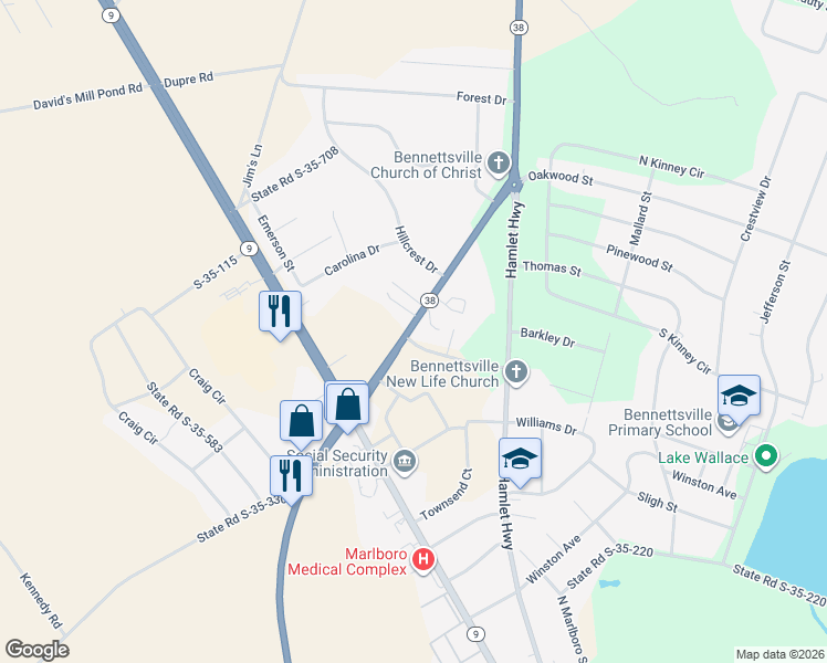 map of restaurants, bars, coffee shops, grocery stores, and more near 901 Oakwood Street in Bennettsville
