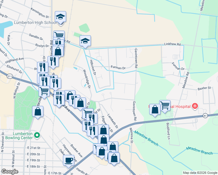 map of restaurants, bars, coffee shops, grocery stores, and more near 1028 Pinecrest Drive in Lumberton