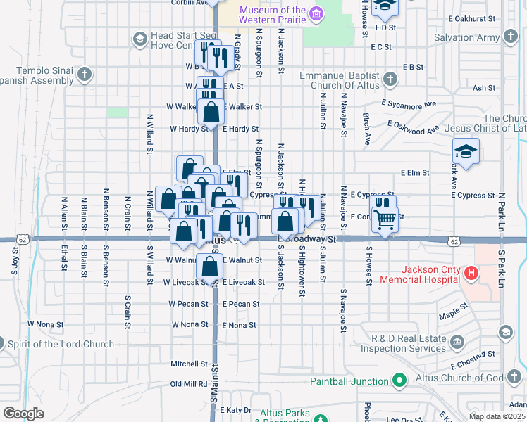 map of restaurants, bars, coffee shops, grocery stores, and more near 301 East Commerce Street in Altus