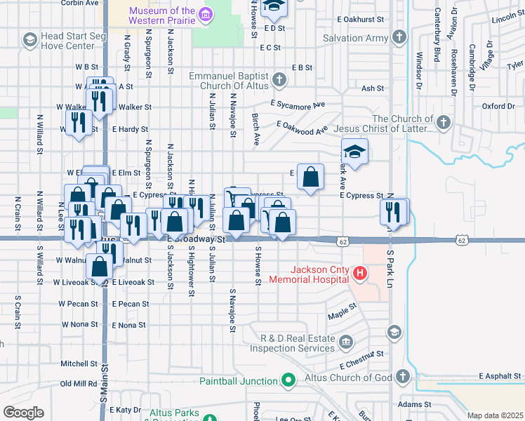 map of restaurants, bars, coffee shops, grocery stores, and more near 801 East Commerce Street in Altus