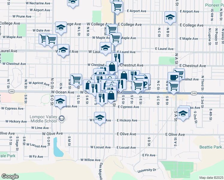 map of restaurants, bars, coffee shops, grocery stores, and more near 105 West Ocean Avenue in Lompoc