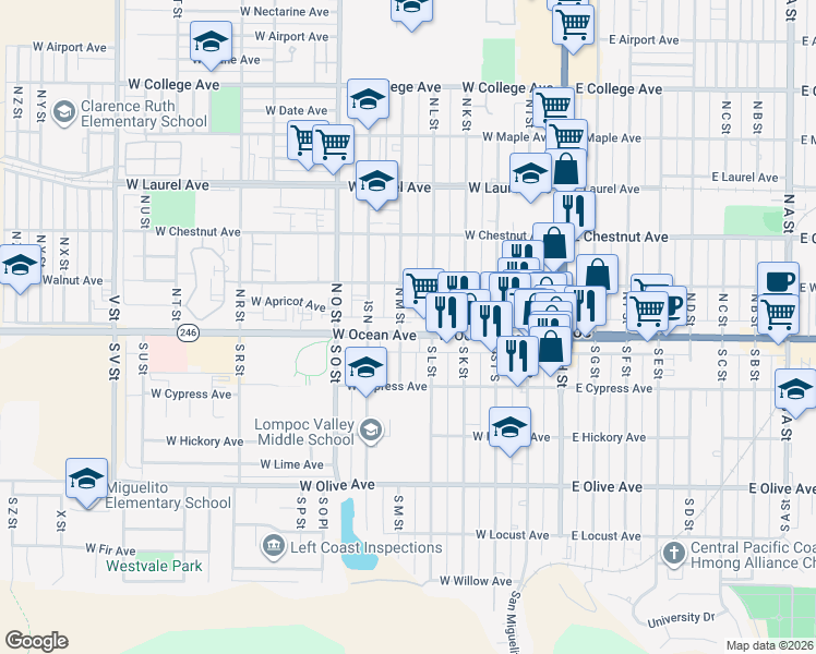 map of restaurants, bars, coffee shops, grocery stores, and more near 523 West Ocean Avenue in Lompoc