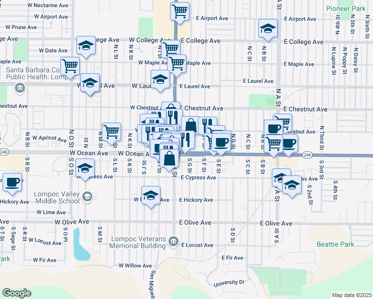 map of restaurants, bars, coffee shops, grocery stores, and more near in Lompoc