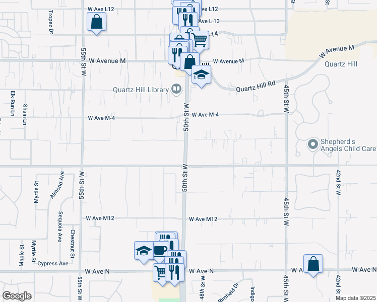 map of restaurants, bars, coffee shops, grocery stores, and more near 41636 50th Street West in Lancaster