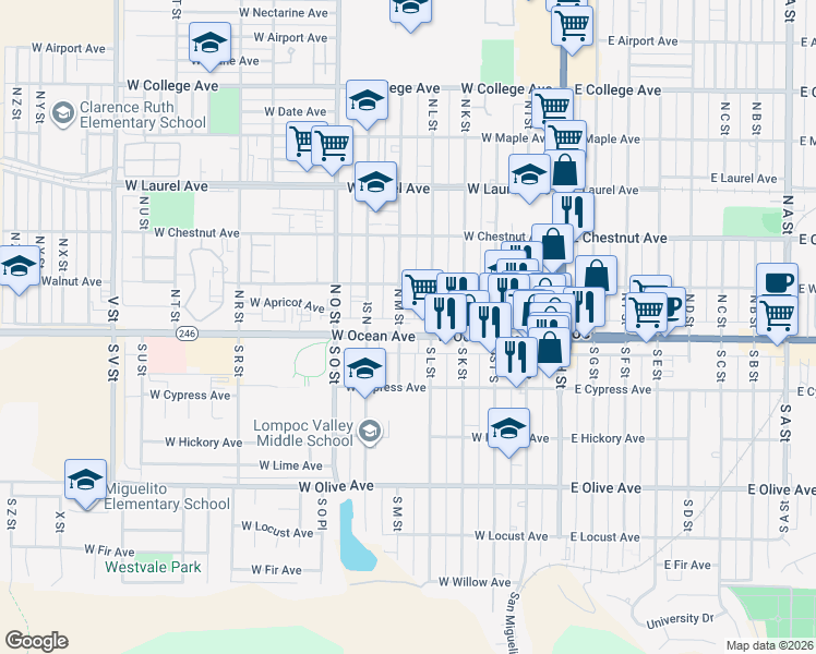map of restaurants, bars, coffee shops, grocery stores, and more near 507 West Ocean Avenue in Lompoc