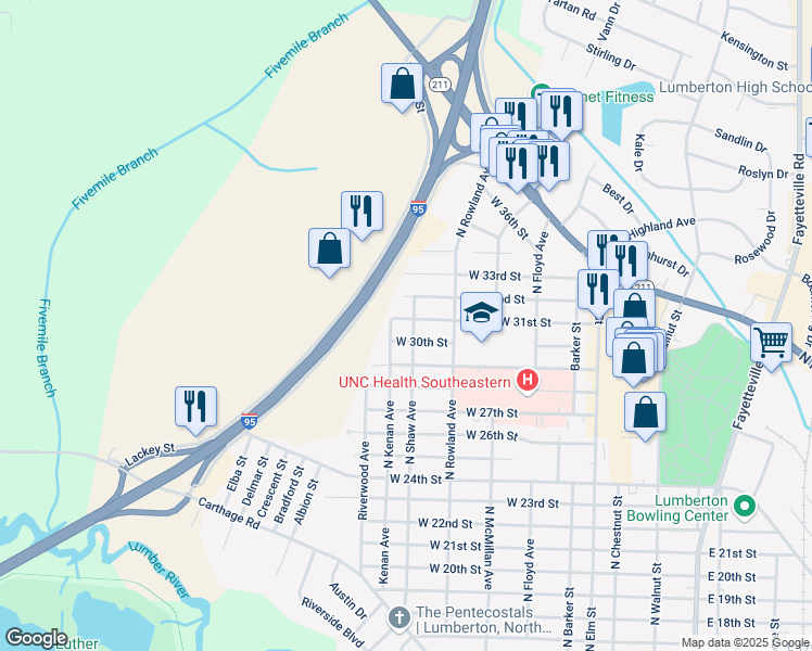map of restaurants, bars, coffee shops, grocery stores, and more near 601 W 31st St in Lumberton