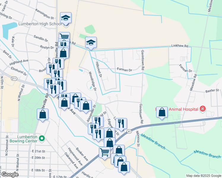 map of restaurants, bars, coffee shops, grocery stores, and more near Pinecrest Drive in Lumberton