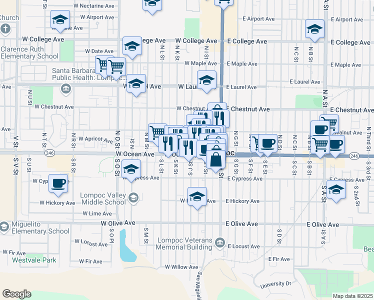 map of restaurants, bars, coffee shops, grocery stores, and more near 301 West Ocean Avenue in Lompoc