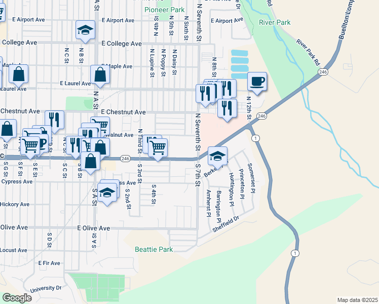 map of restaurants, bars, coffee shops, grocery stores, and more near 1415 East Ocean Avenue in Lompoc