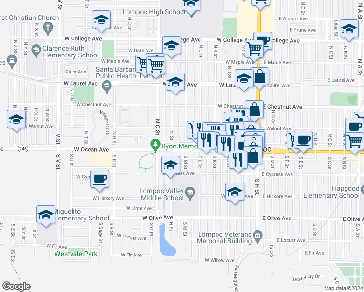 map of restaurants, bars, coffee shops, grocery stores, and more near 609 West Ocean Avenue in Lompoc