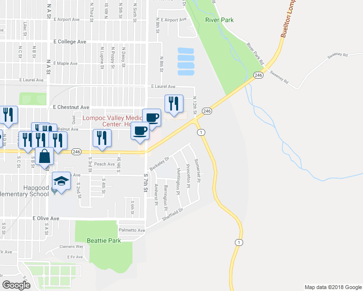 map of restaurants, bars, coffee shops, grocery stores, and more near 1721 Berkeley Drive in Lompoc