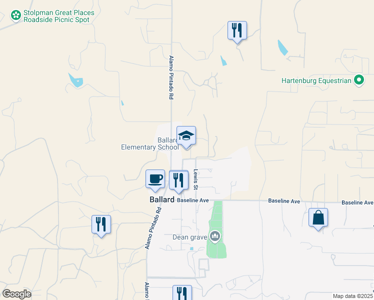 map of restaurants, bars, coffee shops, grocery stores, and more near 2425 School Street in Solvang