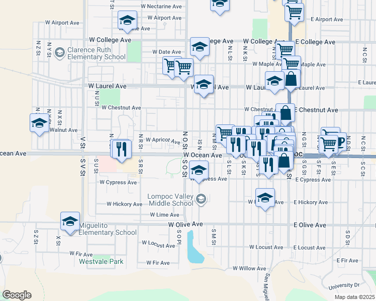 map of restaurants, bars, coffee shops, grocery stores, and more near 100 North O Street in Lompoc